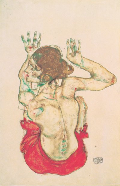 Seated Female Nude Back View with Red Skirt by Egon Schiele